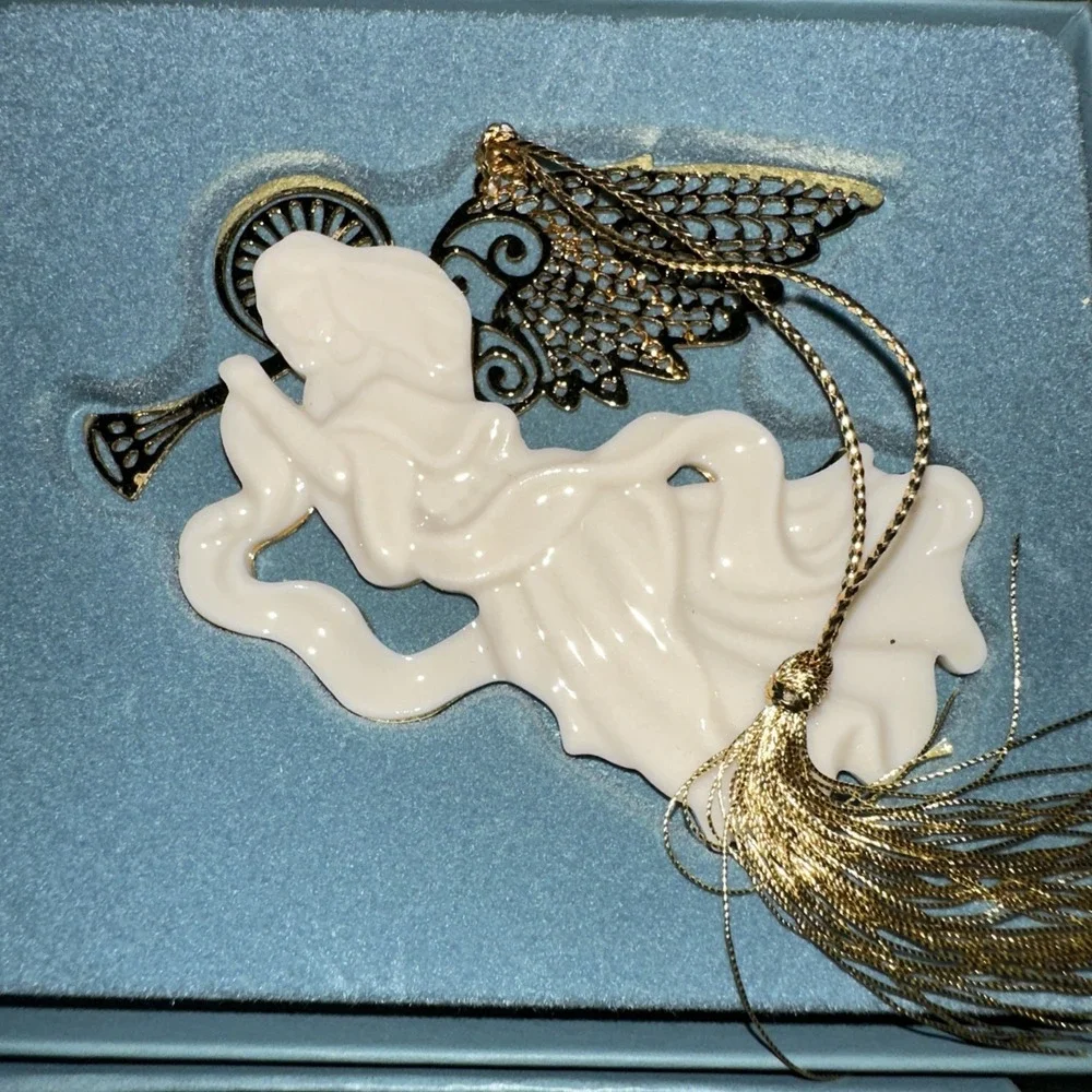 2 Lenox Ornaments Angels Playing Lute Wings BOX Porcelain 1990s Vintage USA
